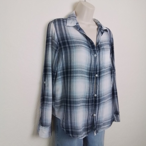 American Eagle Womens Flannel Shirt Sz S Charcoal Blue Plaid Boyfriend Roll‎ Tab - Picture 12 of 15